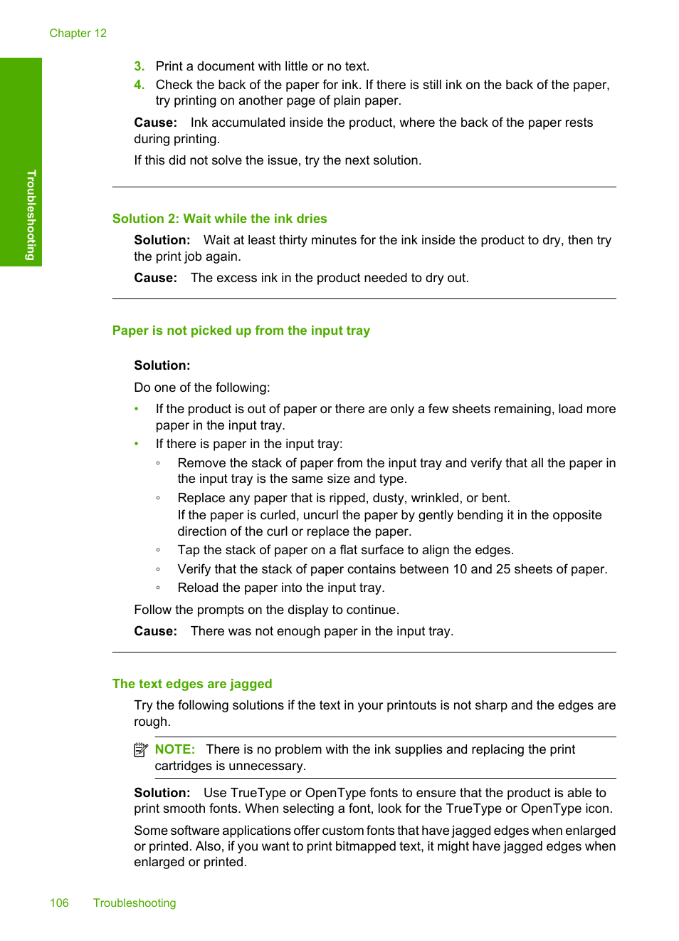 Paper is not picked up from the input tray, The text edges are jagged, Solution 2: wait while the ink dries | HP Deskjet F4210 All-in-One Printer User Manual | Page 108 / 220