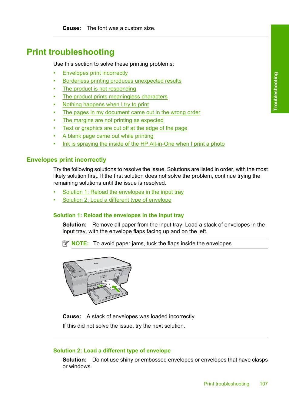 Print troubleshooting, Envelopes print incorrectly | HP Deskjet F4210 All-in-One Printer User Manual | Page 109 / 220