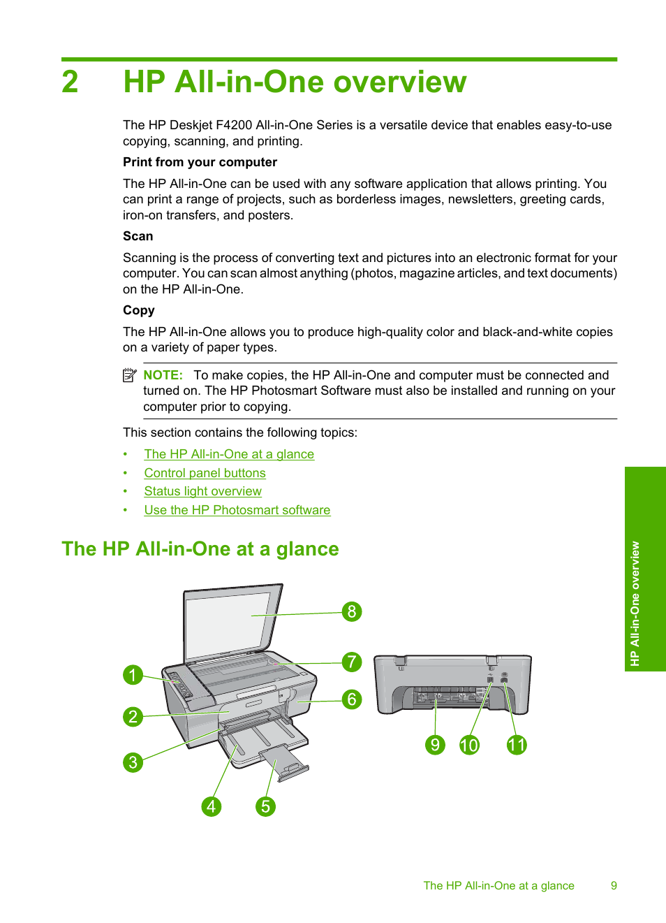Hp all-in-one overview, The hp all-in-one at a glance, 2 hp all-in-one overview | 2hp all-in-one overview | HP Deskjet F4210 All-in-One Printer User Manual | Page 11 / 220