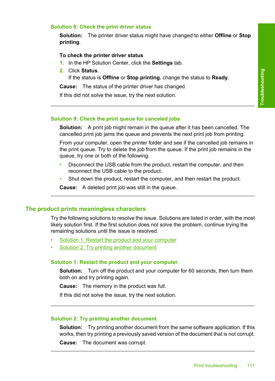 The product prints meaningless characters, Solution 8: check the print driver status | HP Deskjet F4210 All-in-One Printer User Manual | Page 113 / 220