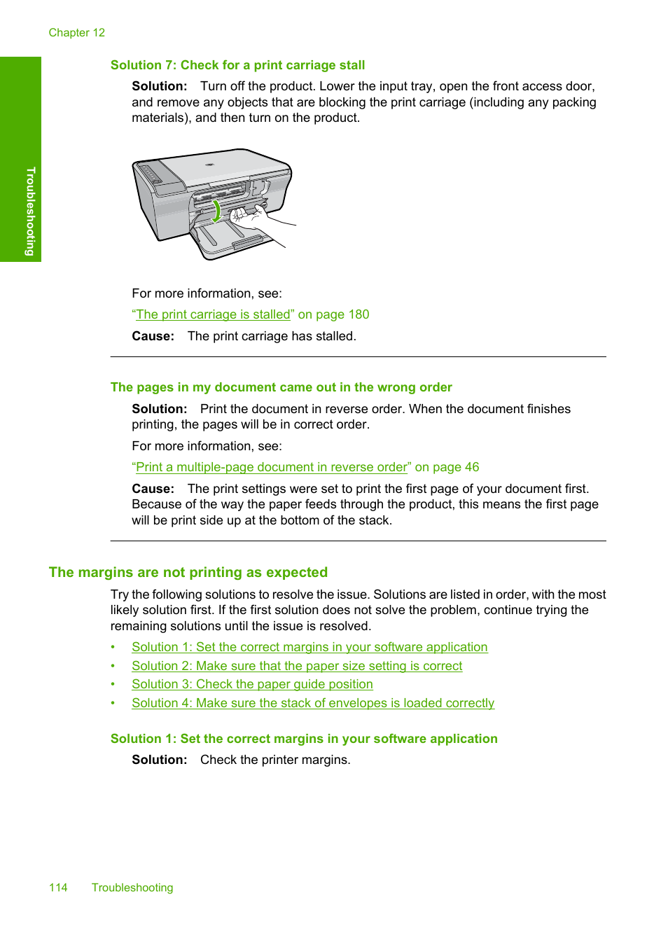 The margins are not printing as expected, Solution 7: check for a print carriage stall | HP Deskjet F4210 All-in-One Printer User Manual | Page 116 / 220