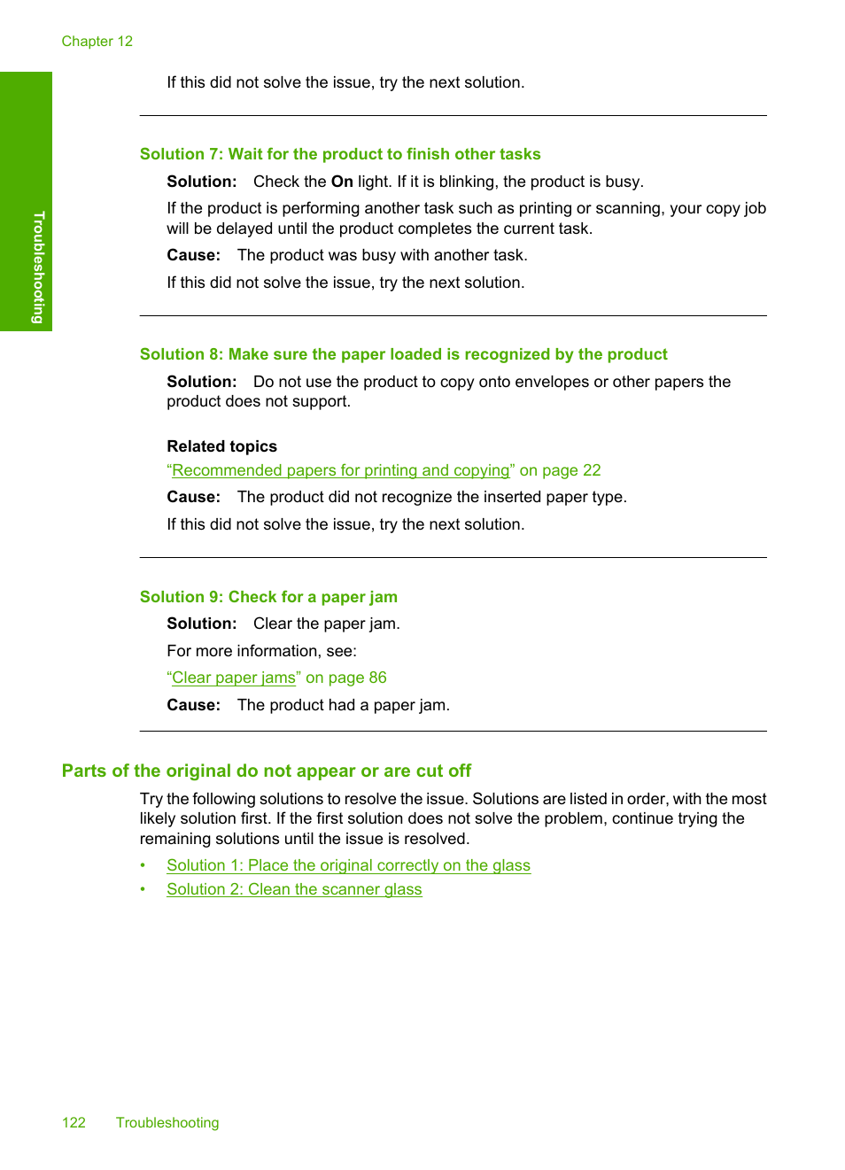 Parts of the original do not appear or are cut off, Solution 9: check for a paper jam | HP Deskjet F4210 All-in-One Printer User Manual | Page 124 / 220