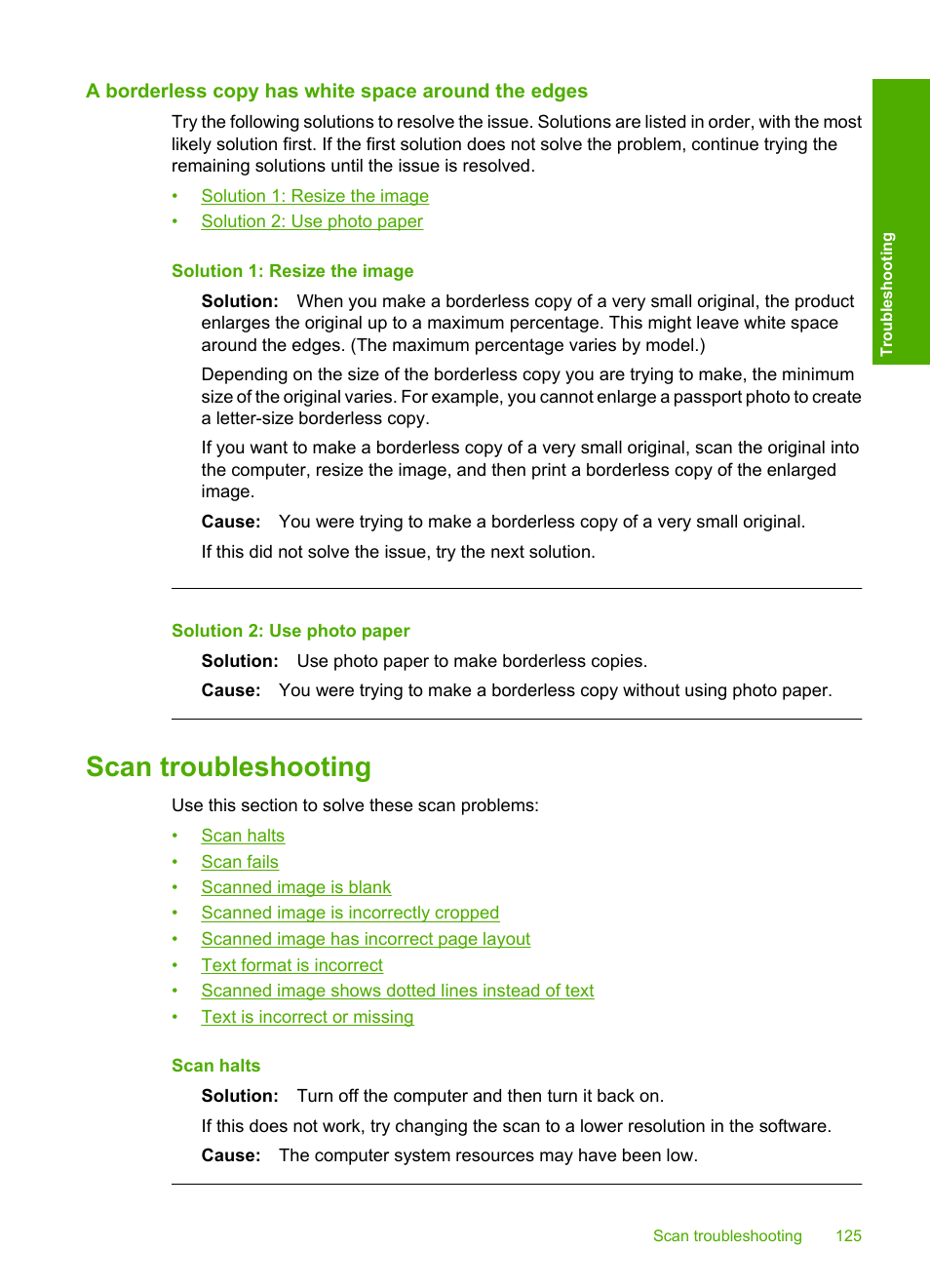 A borderless copy has white space around the edges, Scan troubleshooting, Scan fails text is incorrect or missing | HP Deskjet F4210 All-in-One Printer User Manual | Page 127 / 220