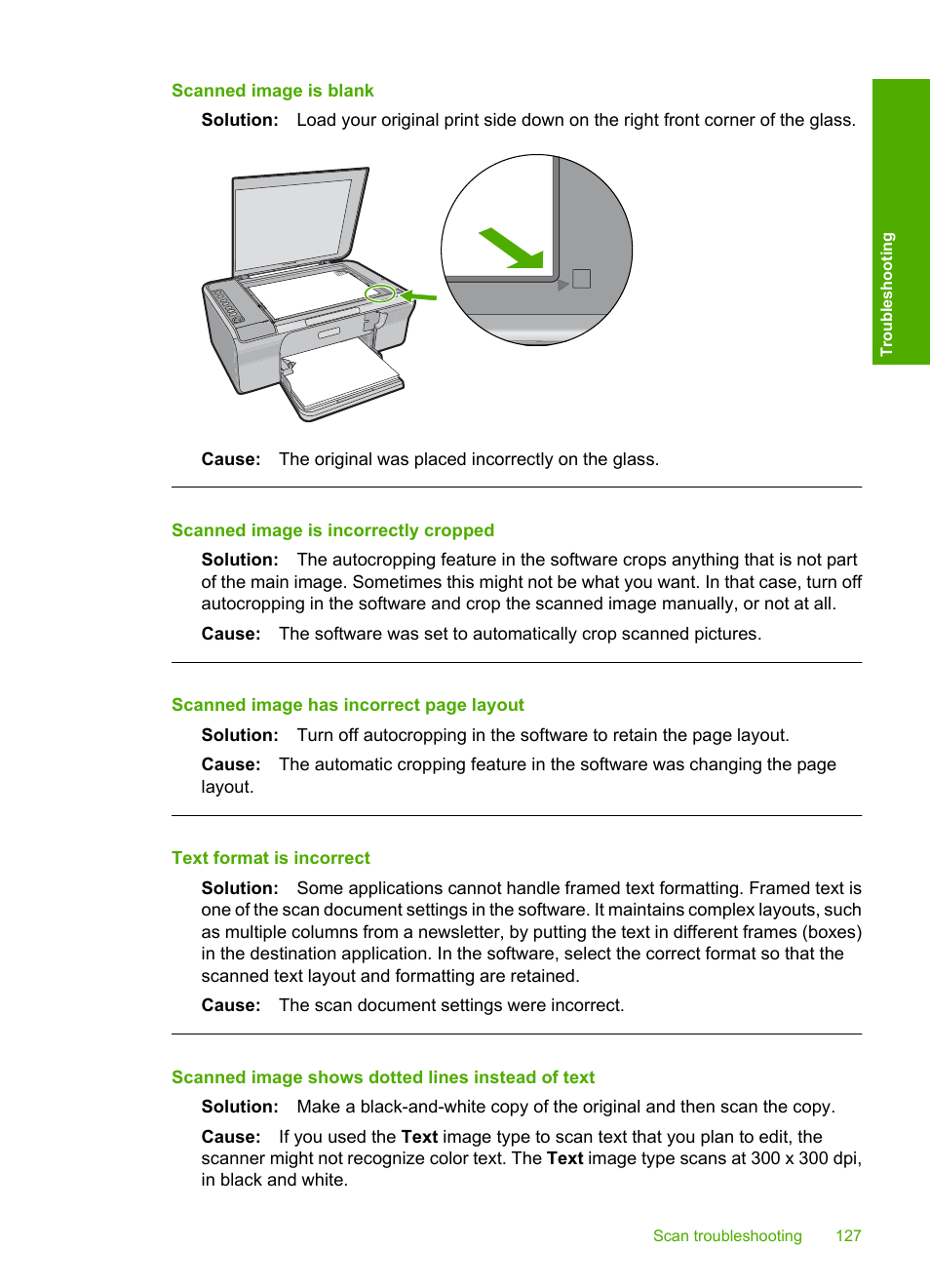Scanned image is blank, Scanned image is incorrectly cropped, Text format is incorrect | Scanned image shows dotted lines instead of text | HP Deskjet F4210 All-in-One Printer User Manual | Page 129 / 220