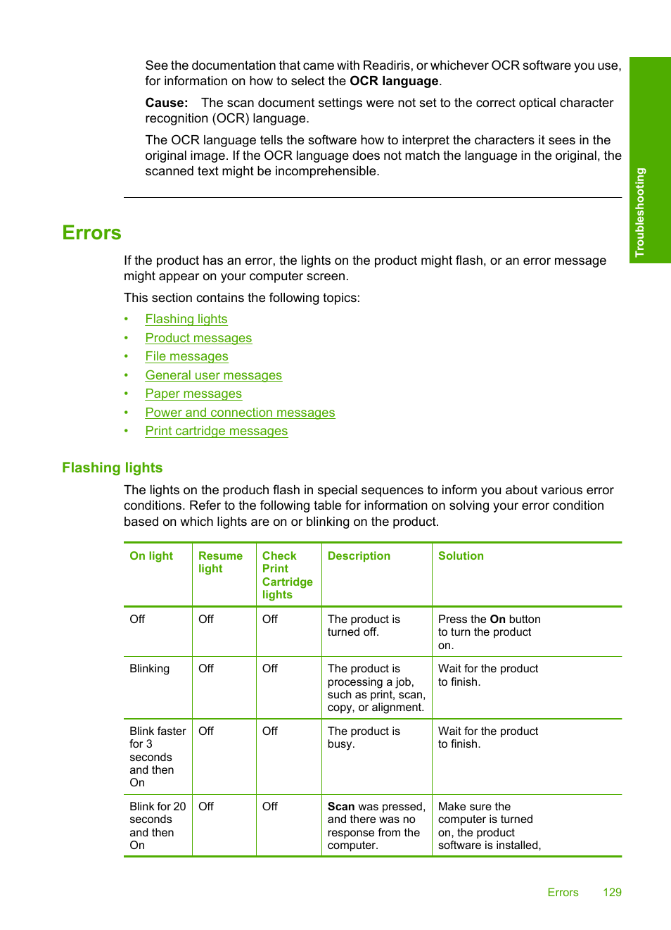 Errors, Flashing lights, Flashing lights product messages | File messages, Supported file types for the hp all-in-one, General user messages, Cannot crop, Paper messages, Out of paper, Power and connection messages | HP Deskjet F4210 All-in-One Printer User Manual | Page 131 / 220