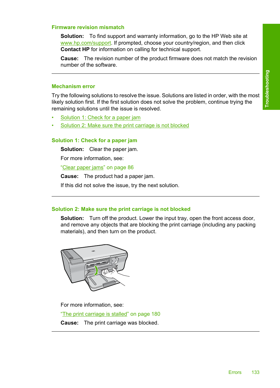 Mechanism error, Firmware revision mismatch | HP Deskjet F4210 All-in-One Printer User Manual | Page 135 / 220