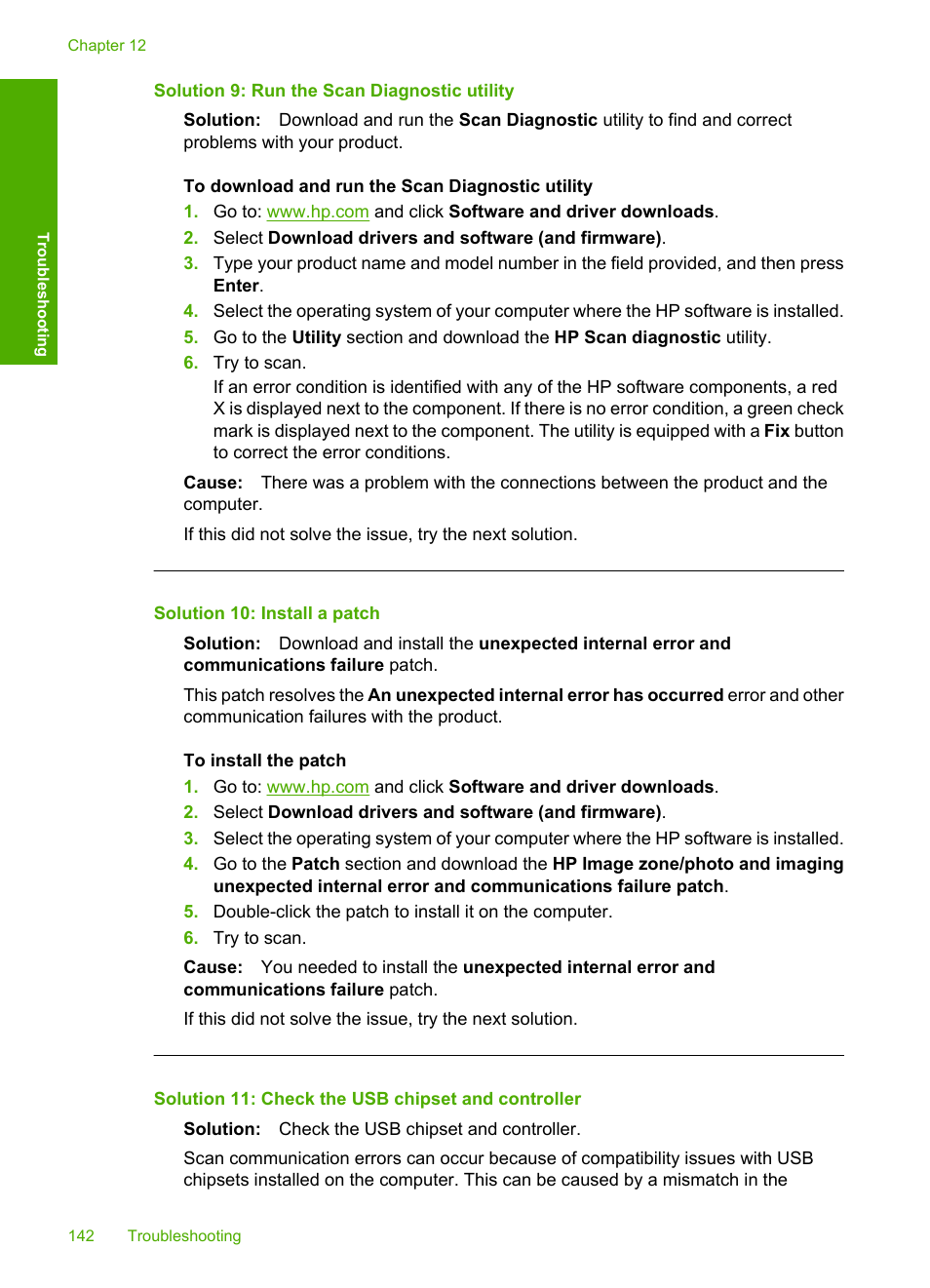 Solution 9: run the scan diagnostic utility, Solution 10: install a patch, Solution 11: check the usb chipset and controller | HP Deskjet F4210 All-in-One Printer User Manual | Page 144 / 220