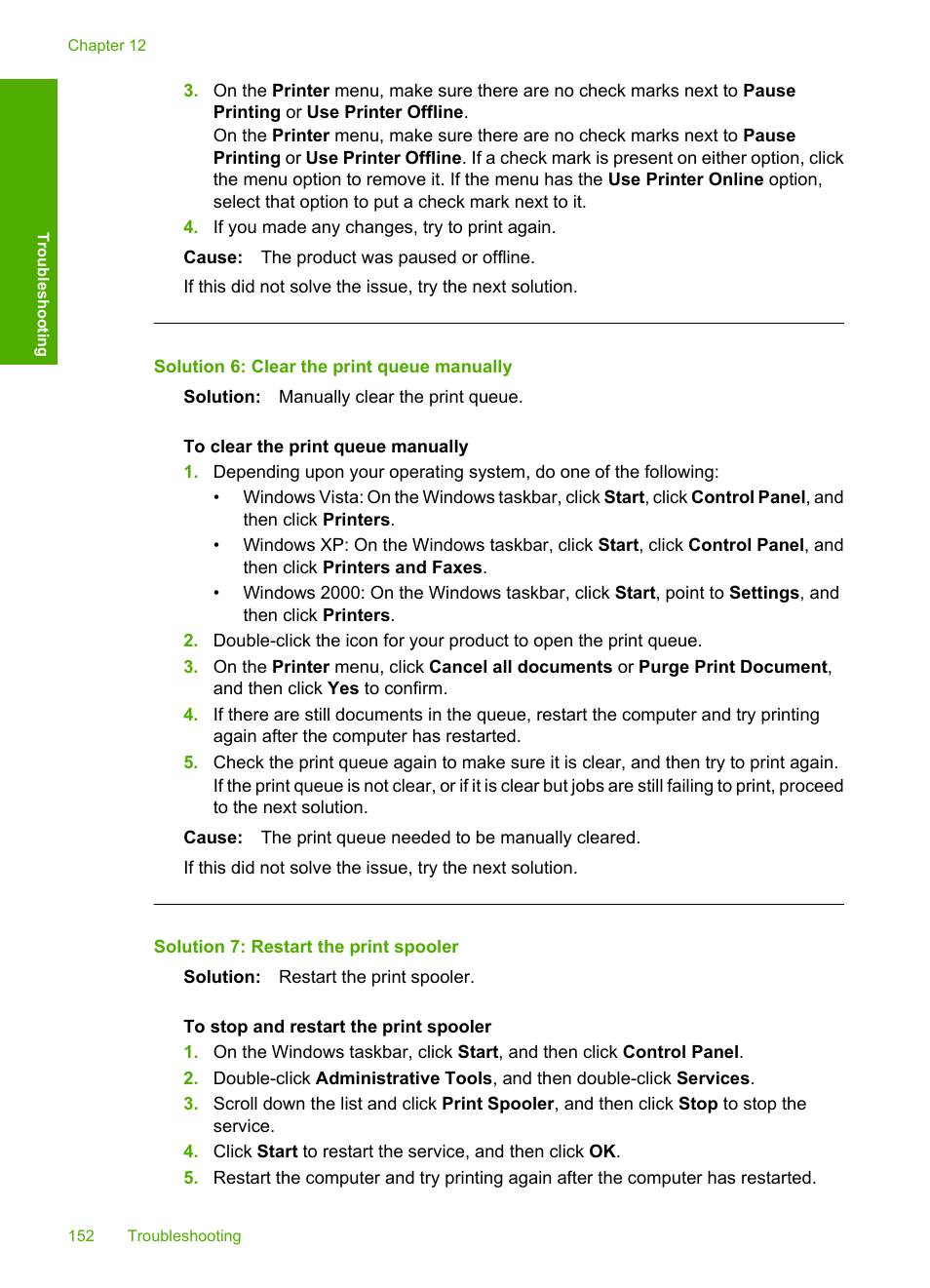 Solution 6: clear the print queue manually, Solution 7: restart the print spooler | HP Deskjet F4210 All-in-One Printer User Manual | Page 154 / 220