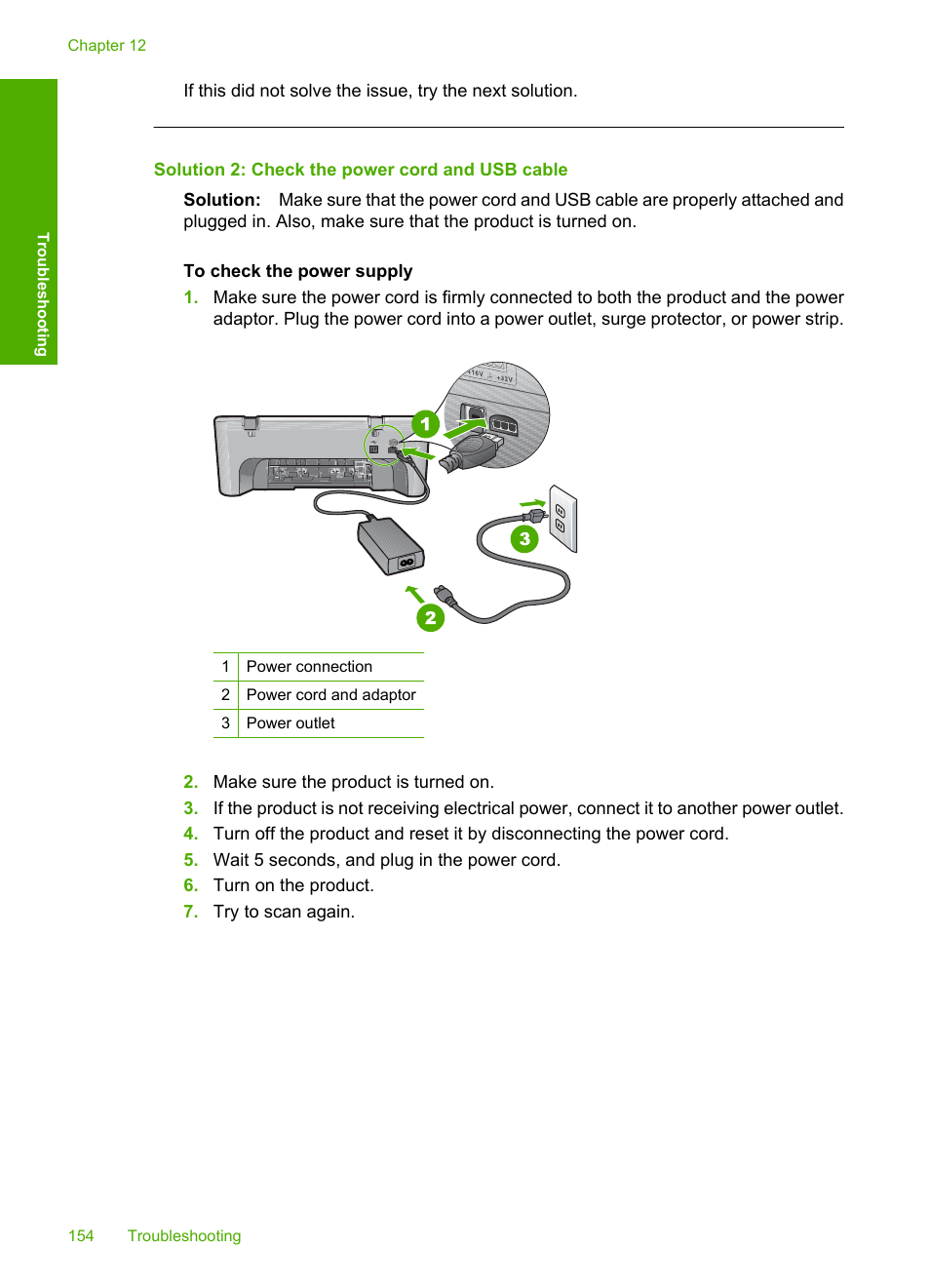Solution 2: check the power cord and usb cable | HP Deskjet F4210 All-in-One Printer User Manual | Page 156 / 220