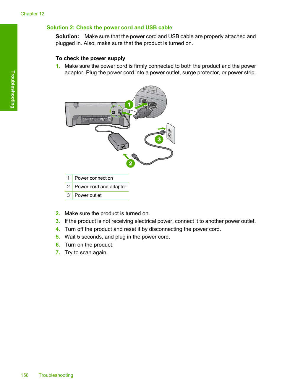 Solution 2: check the power cord and usb cable | HP Deskjet F4210 All-in-One Printer User Manual | Page 160 / 220