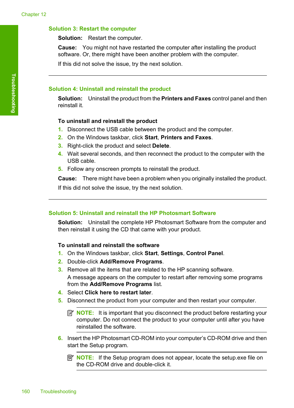 Solution 3: restart the computer, Solution 4: uninstall and reinstall the product | HP Deskjet F4210 All-in-One Printer User Manual | Page 162 / 220