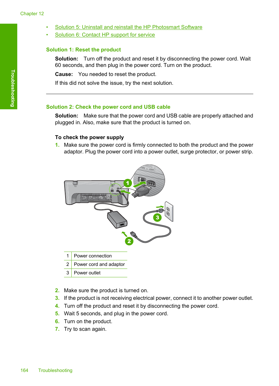 Solution 1: reset the product, Solution 2: check the power cord and usb cable | HP Deskjet F4210 All-in-One Printer User Manual | Page 166 / 220