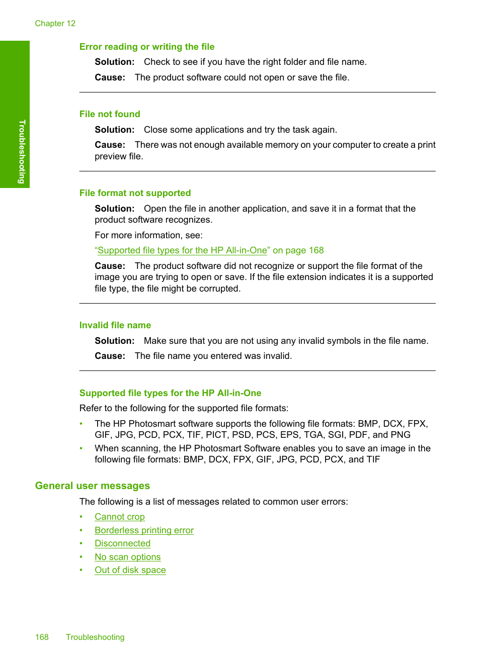 Supported file types for the hp all-in-one, General user messages, Error reading or writing the file | File not found, File format not supported, Invalid file name | HP Deskjet F4210 All-in-One Printer User Manual | Page 170 / 220