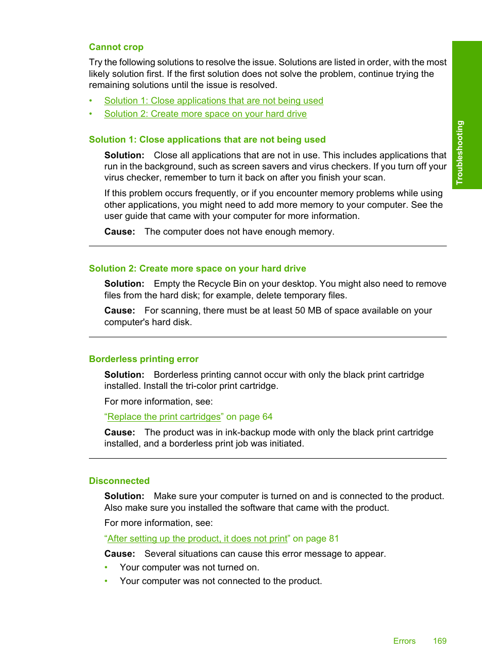 Cannot crop, Borderless printing error, Disconnected | HP Deskjet F4210 All-in-One Printer User Manual | Page 171 / 220