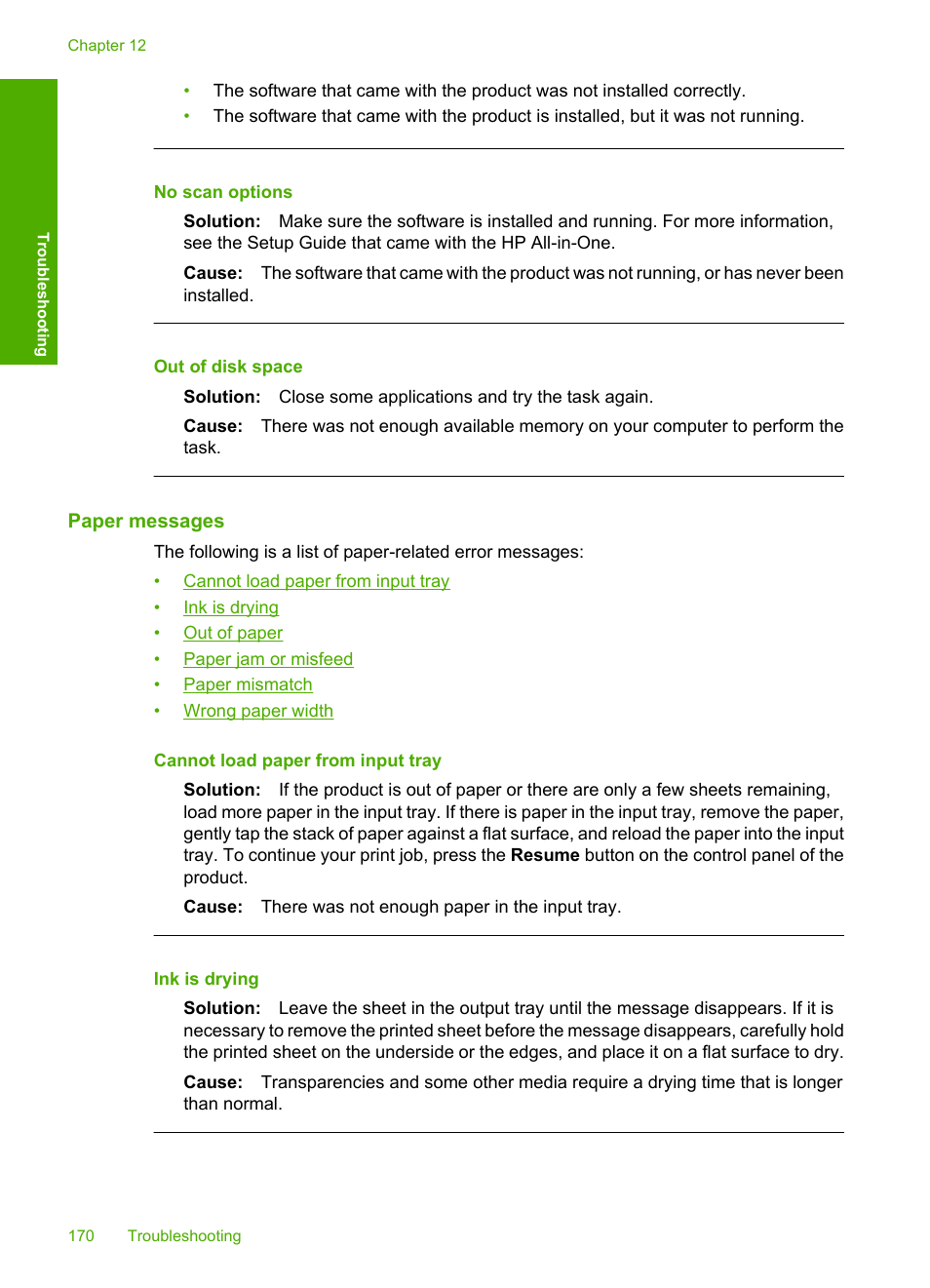 Paper messages, No scan options, Out of disk space | HP Deskjet F4210 All-in-One Printer User Manual | Page 172 / 220