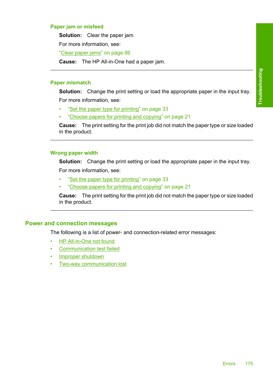 Power and connection messages, Paper jam or misfeed, Paper mismatch | Wrong paper width | HP Deskjet F4210 All-in-One Printer User Manual | Page 177 / 220