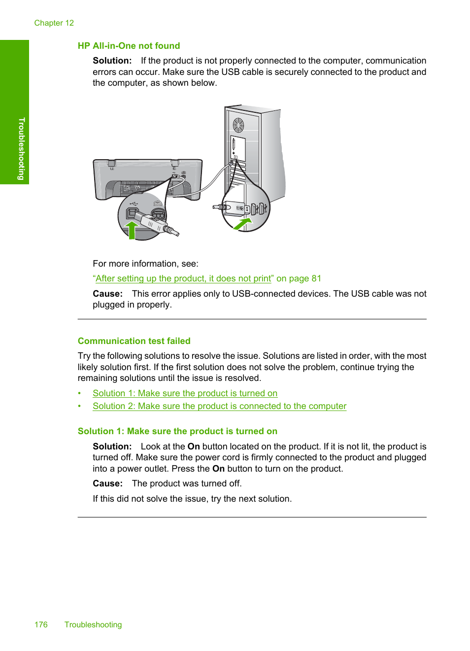 Communication test failed, Hp all-in-one not found | HP Deskjet F4210 All-in-One Printer User Manual | Page 178 / 220