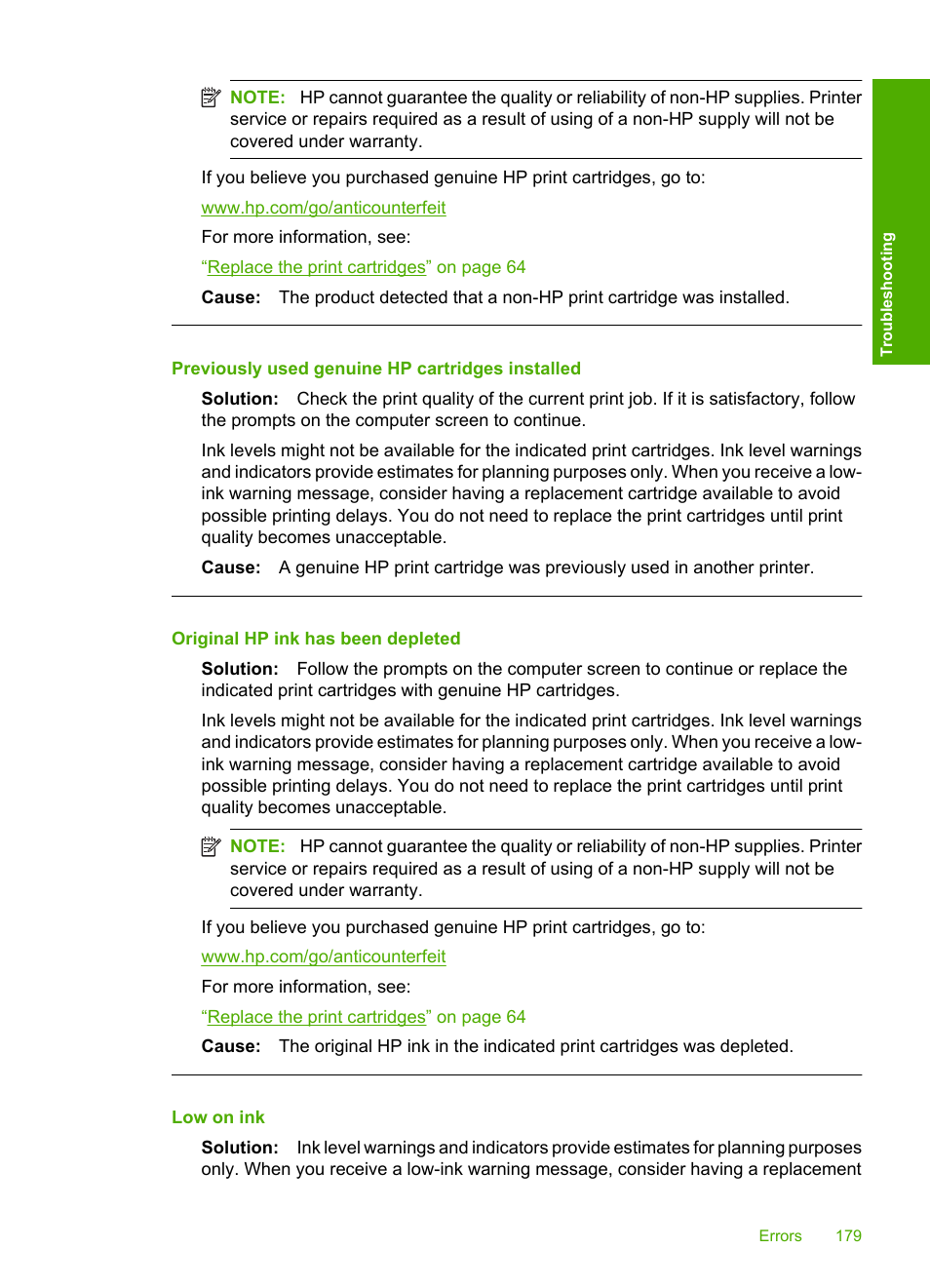 Previously used genuine hp cartridges installed, Original hp ink has been depleted, Low on ink | HP Deskjet F4210 All-in-One Printer User Manual | Page 181 / 220