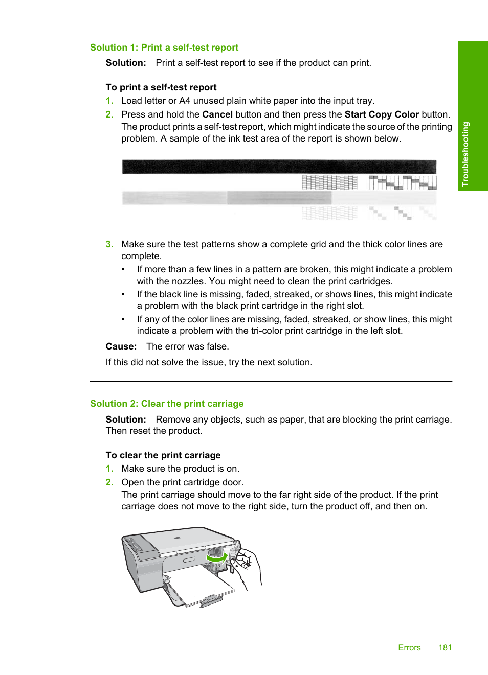 Solution 1: print a self-test report, Solution 2: clear the print carriage | HP Deskjet F4210 All-in-One Printer User Manual | Page 183 / 220