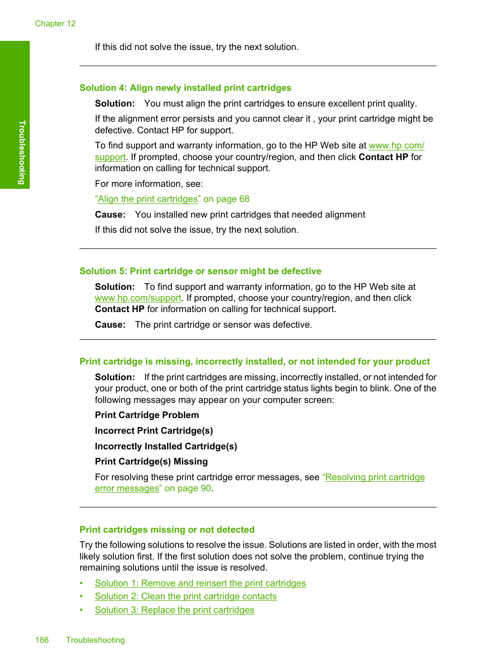 Print cartridges missing or not detected, Solution 4: align newly installed print cartridges | HP Deskjet F4210 All-in-One Printer User Manual | Page 188 / 220
