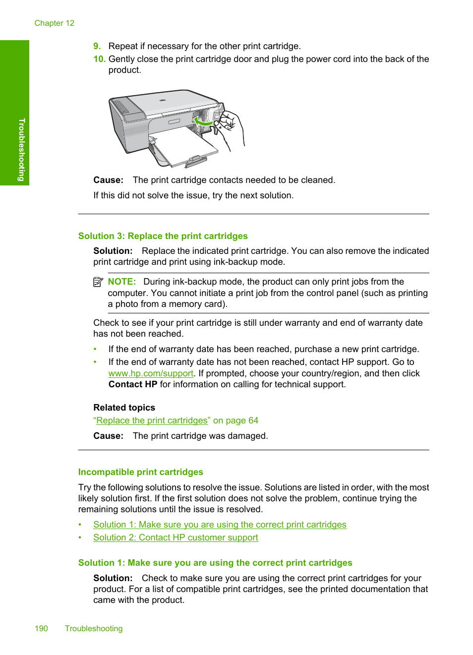 Incompatible print cartridges, Solution 3: replace the print cartridges | HP Deskjet F4210 All-in-One Printer User Manual | Page 192 / 220