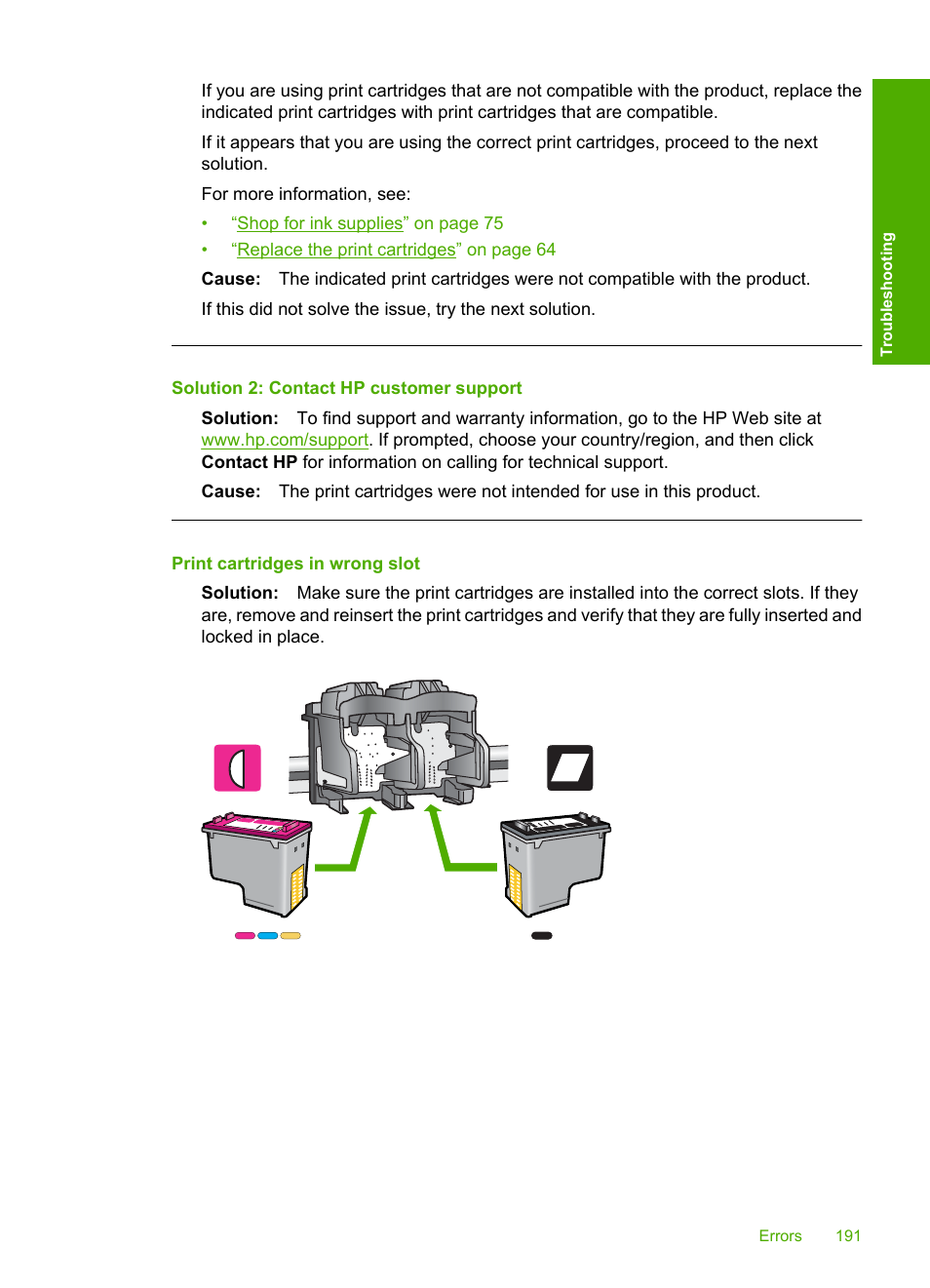 Print cartridges in wrong slot | HP Deskjet F4210 All-in-One Printer User Manual | Page 193 / 220