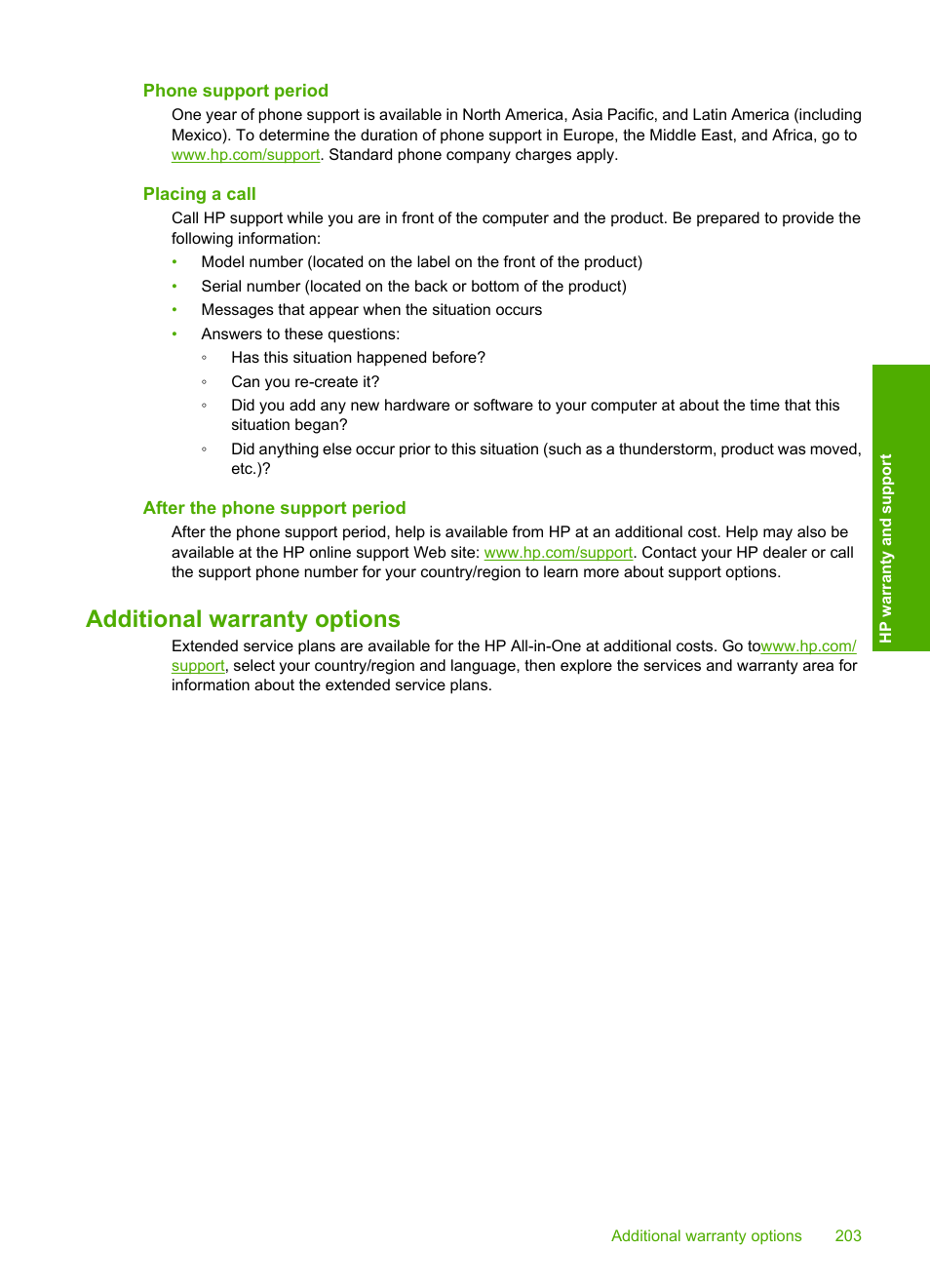 Phone support period, Placing a call, After the phone support period | Additional warranty options | HP Deskjet F4210 All-in-One Printer User Manual | Page 205 / 220