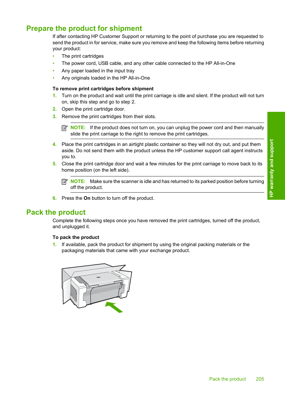 Prepare the product for shipment, Pack the product, Prepare the product for shipment pack the product | HP Deskjet F4210 All-in-One Printer User Manual | Page 207 / 220