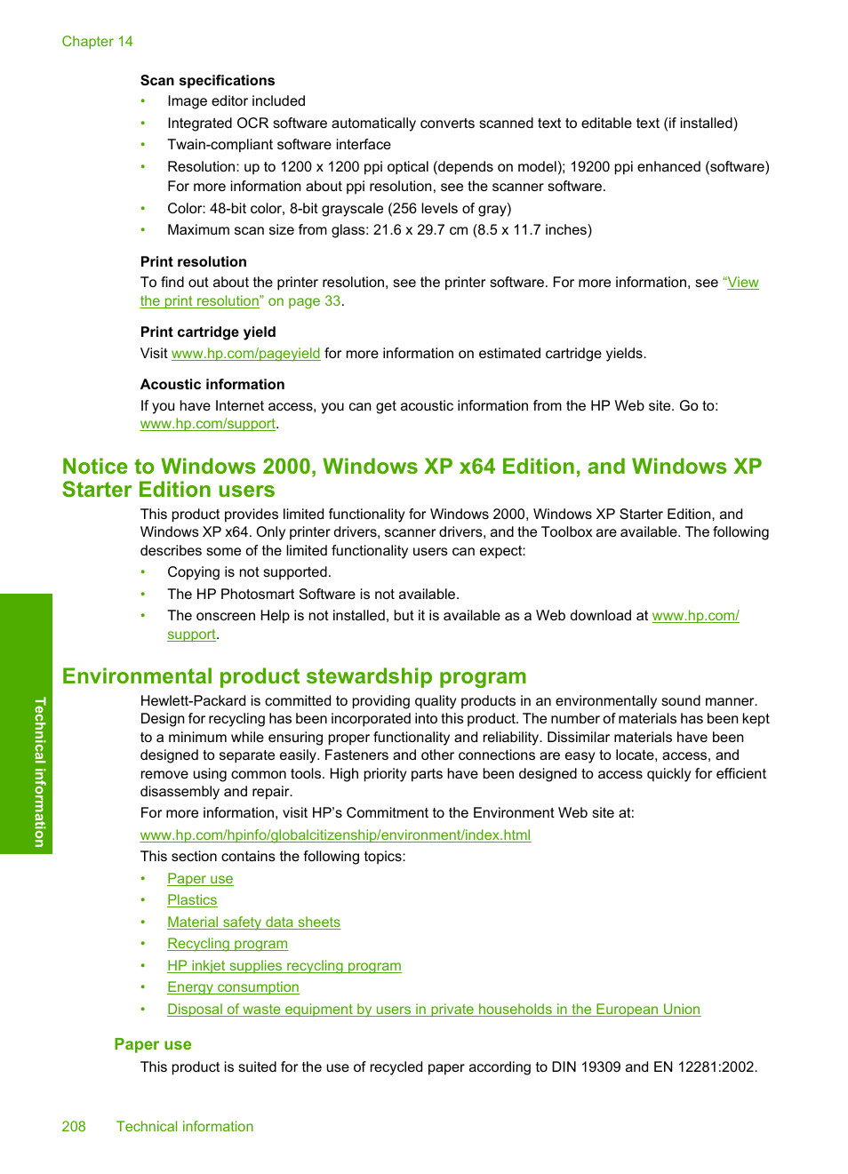 Environmental product stewardship program, Paper use, Notice to windows 2000, windows | Ation, see | HP Deskjet F4210 All-in-One Printer User Manual | Page 210 / 220
