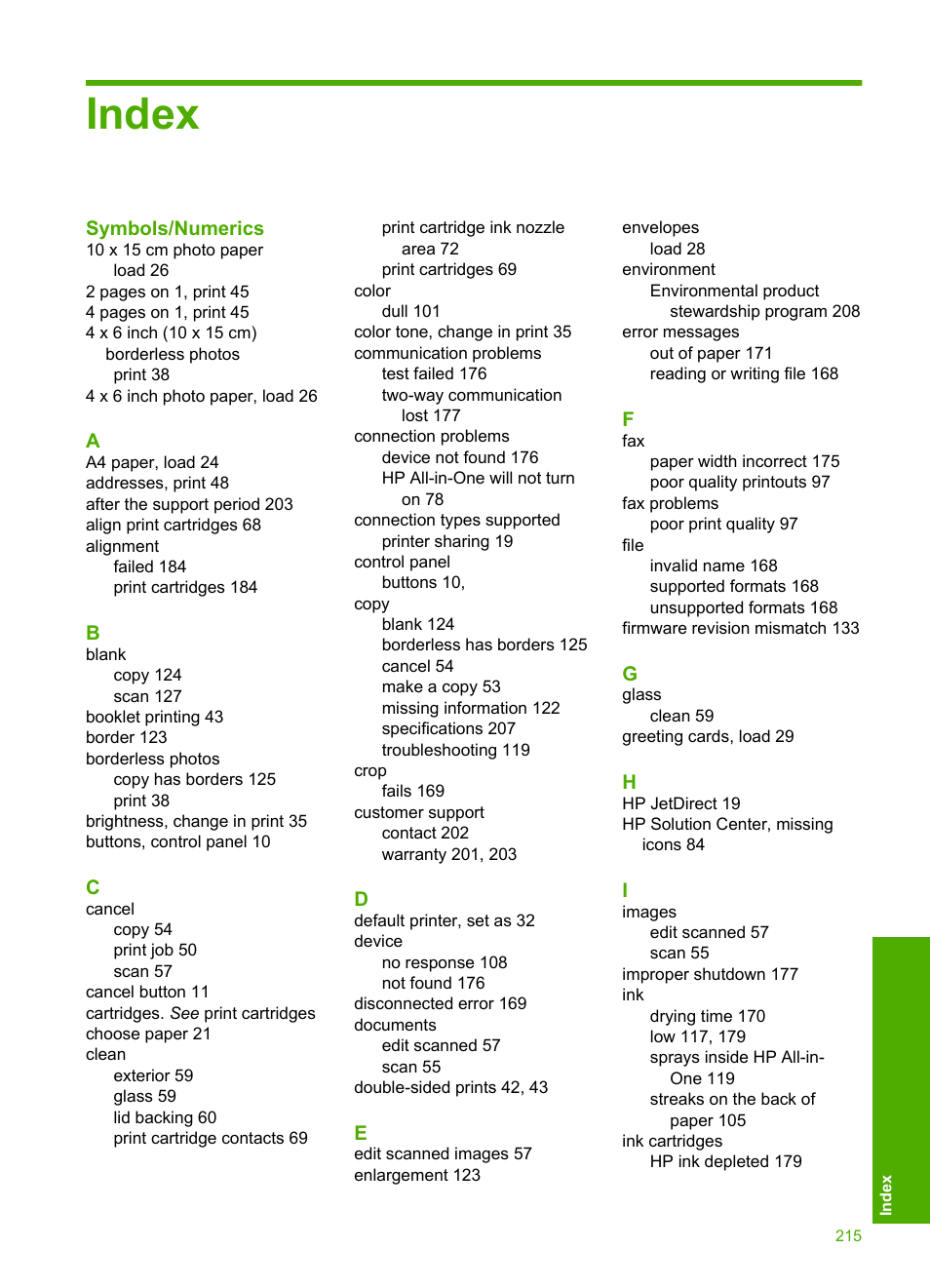 Index | HP Deskjet F4210 All-in-One Printer User Manual | Page 217 / 220