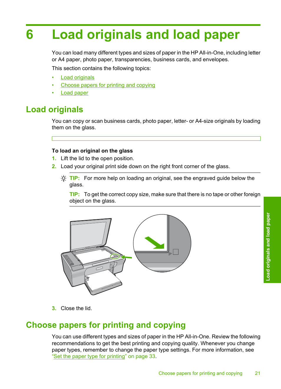 Load originals and load paper, Load originals, Choose papers for printing and copying | 6 load originals and load paper, 6load originals and load paper | HP Deskjet F4210 All-in-One Printer User Manual | Page 23 / 220