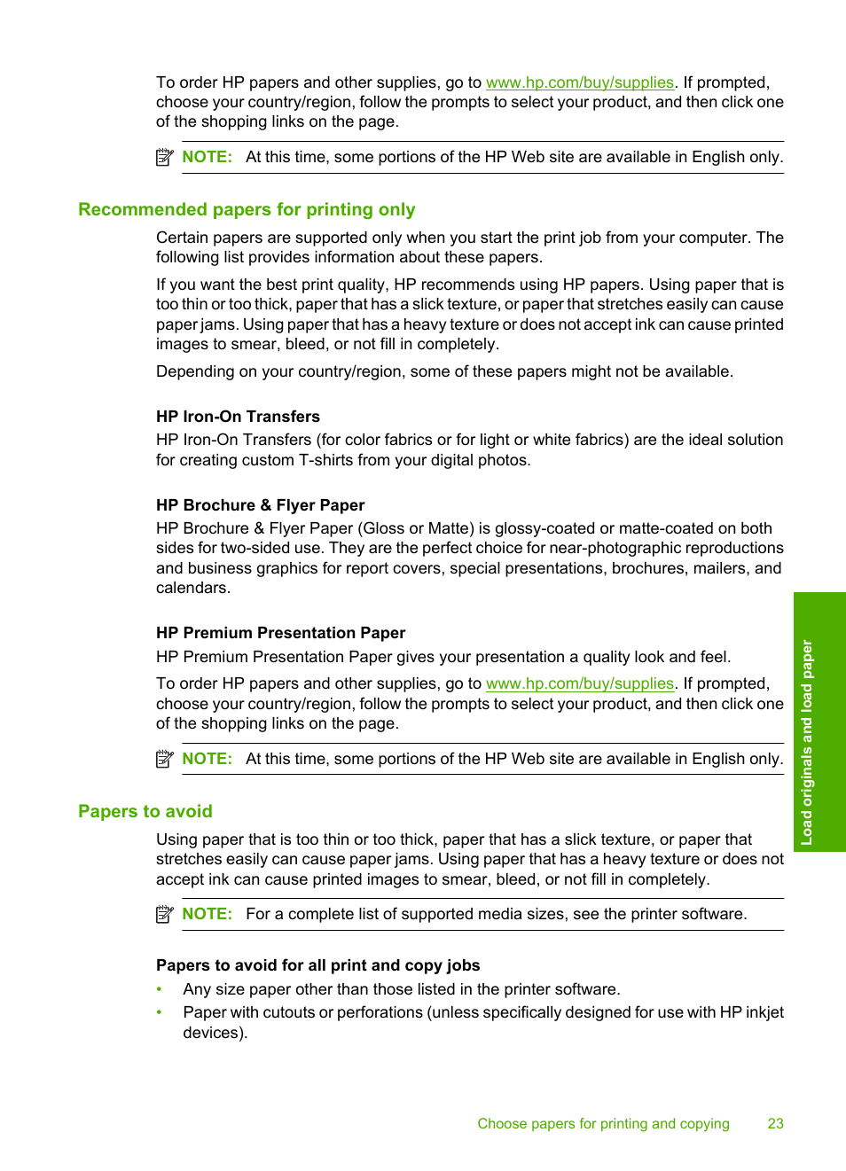 Recommended papers for printing only, Papers to avoid | HP Deskjet F4210 All-in-One Printer User Manual | Page 25 / 220