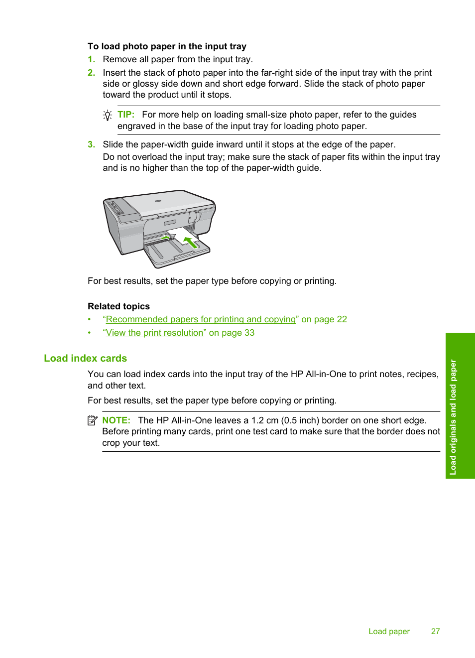 Load index cards | HP Deskjet F4210 All-in-One Printer User Manual | Page 29 / 220