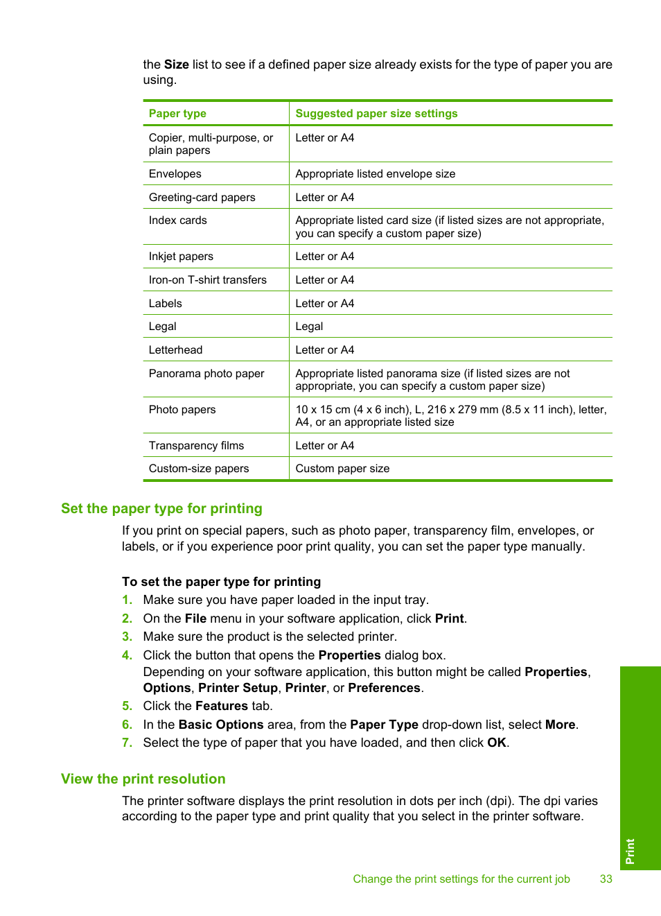 Set the paper type for printing, View the print resolution | HP Deskjet F4210 All-in-One Printer User Manual | Page 35 / 220