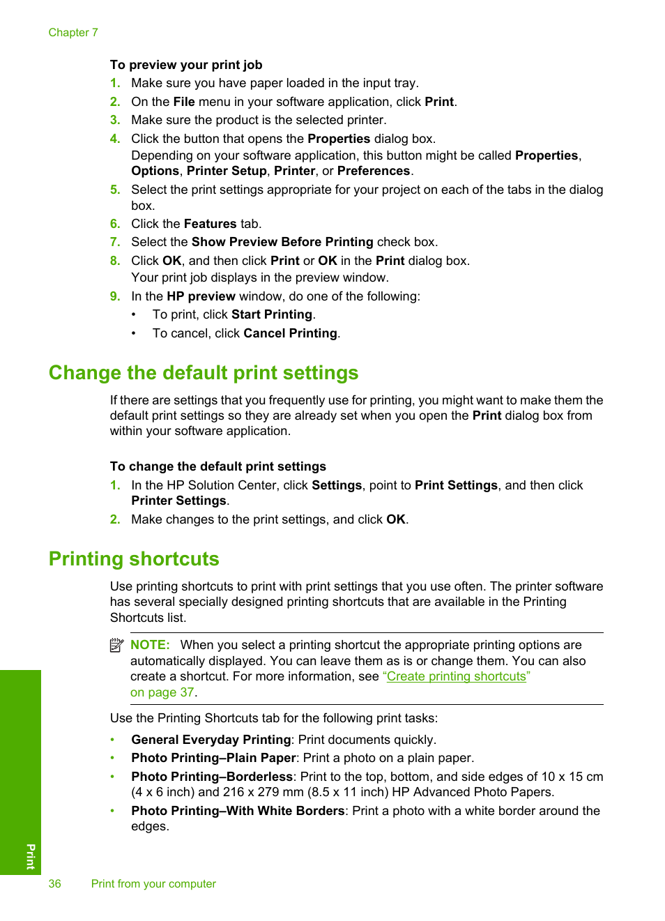 Change the default print settings, Printing shortcuts | HP Deskjet F4210 All-in-One Printer User Manual | Page 38 / 220