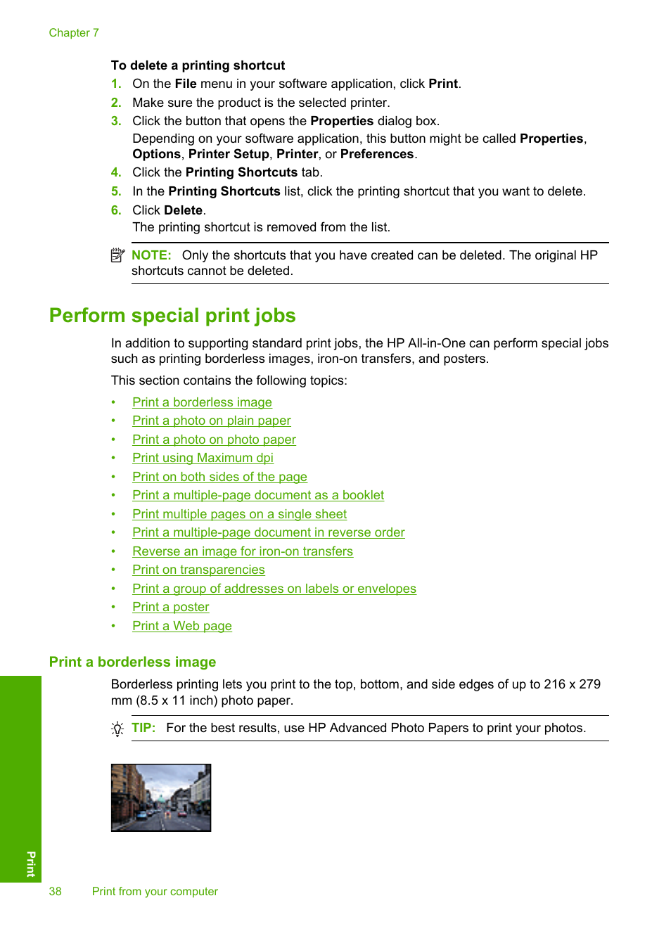 Perform special print jobs, Print a borderless image | HP Deskjet F4210 All-in-One Printer User Manual | Page 40 / 220