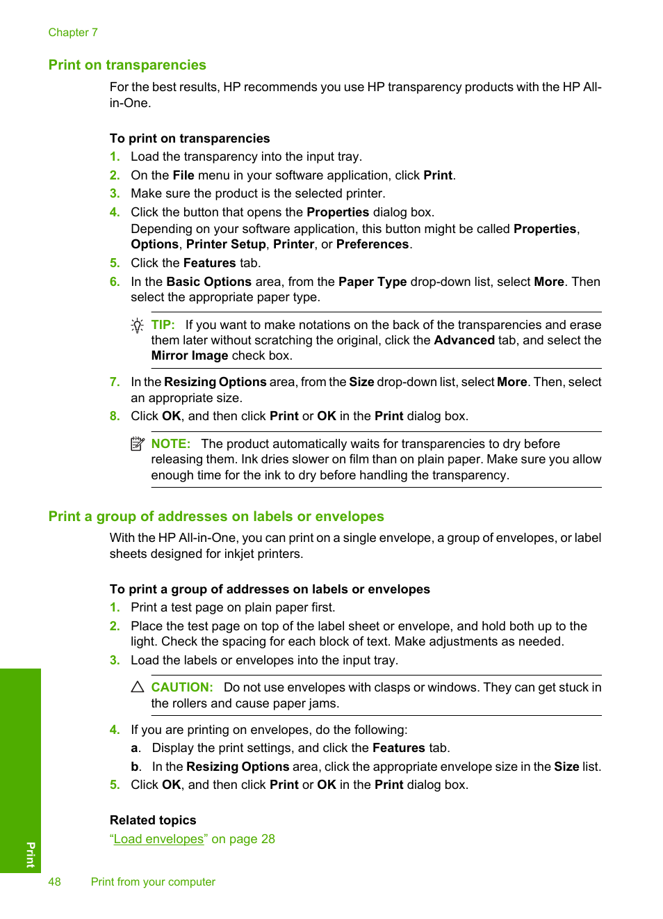 Print on transparencies, Print a group of addresses on labels or envelopes | HP Deskjet F4210 All-in-One Printer User Manual | Page 50 / 220