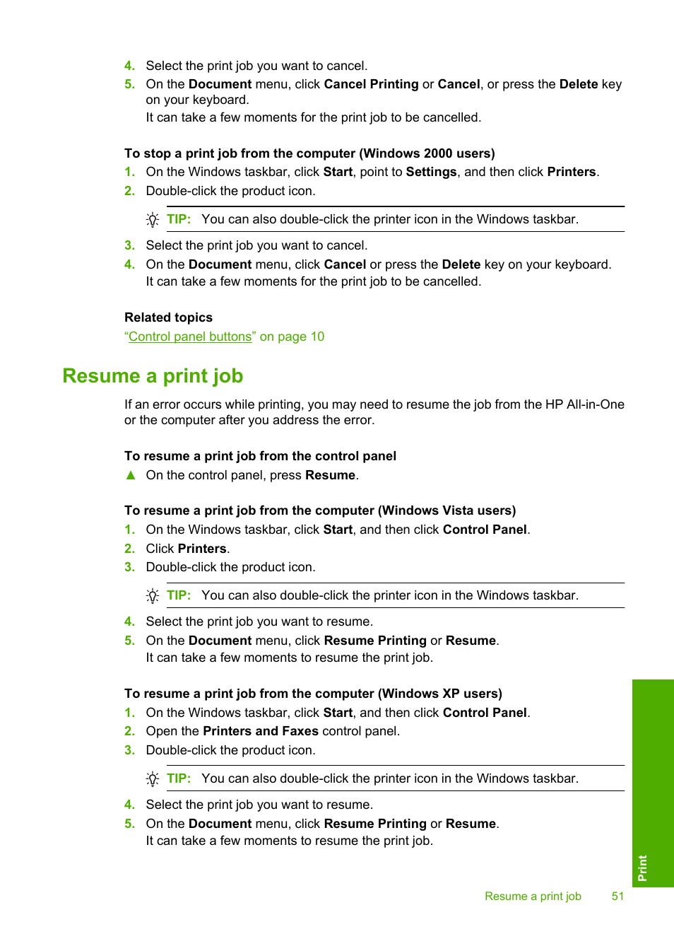 Resume a print job | HP Deskjet F4210 All-in-One Printer User Manual | Page 53 / 220