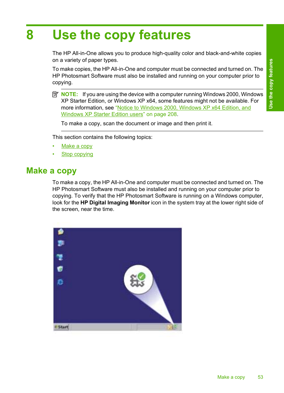 Use the copy features, Make a copy, 8 use the copy features | 8use the copy features | HP Deskjet F4210 All-in-One Printer User Manual | Page 55 / 220