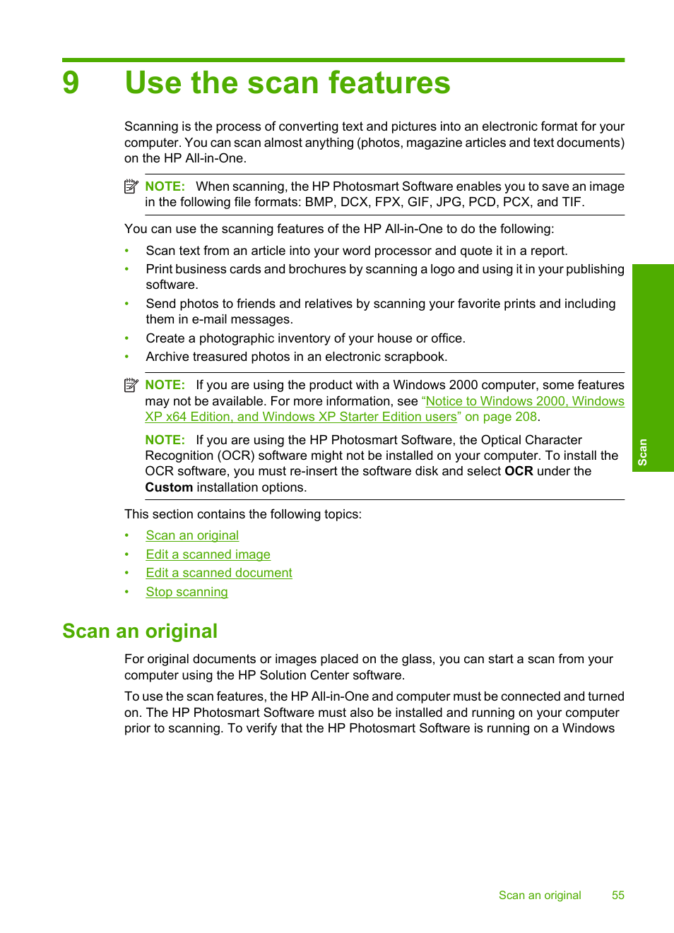 Use the scan features, Scan an original, 9 use the scan features | 9use the scan features | HP Deskjet F4210 All-in-One Printer User Manual | Page 57 / 220