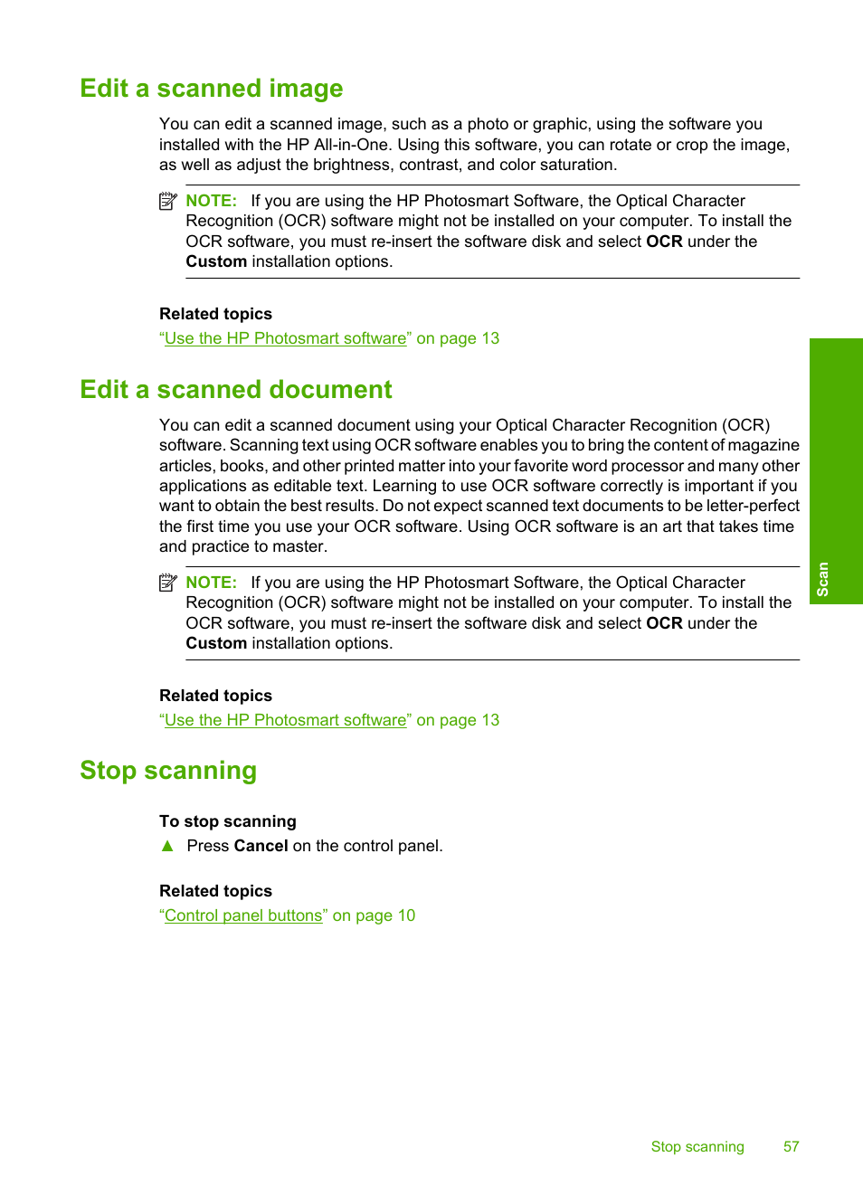 Edit a scanned image, Edit a scanned document, Stop scanning | HP Deskjet F4210 All-in-One Printer User Manual | Page 59 / 220