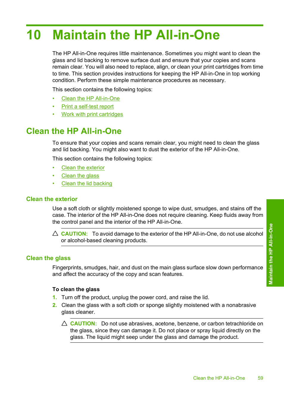 Maintain the hp all-in-one, Clean the hp all-in-one, Clean the exterior | Clean the glass, 10 maintain the hp all-in-one | HP Deskjet F4210 All-in-One Printer User Manual | Page 61 / 220