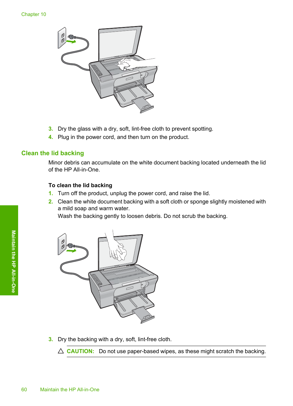Clean the lid backing | HP Deskjet F4210 All-in-One Printer User Manual | Page 62 / 220