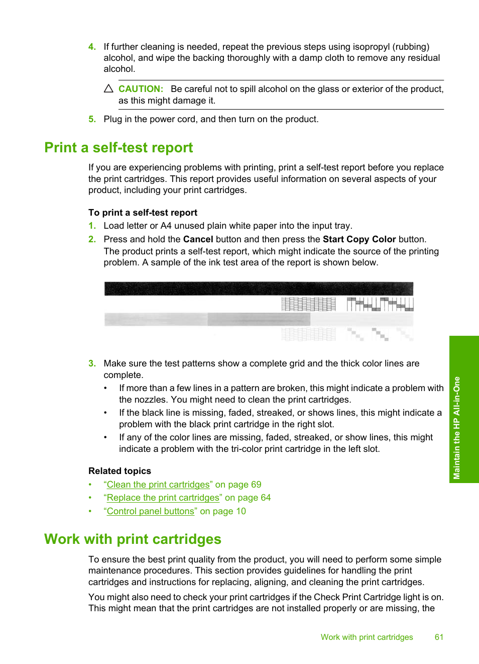Print a self-test report, Work with print cartridges, Ink-backup mode output exit ink-backup mode | HP Deskjet F4210 All-in-One Printer User Manual | Page 63 / 220