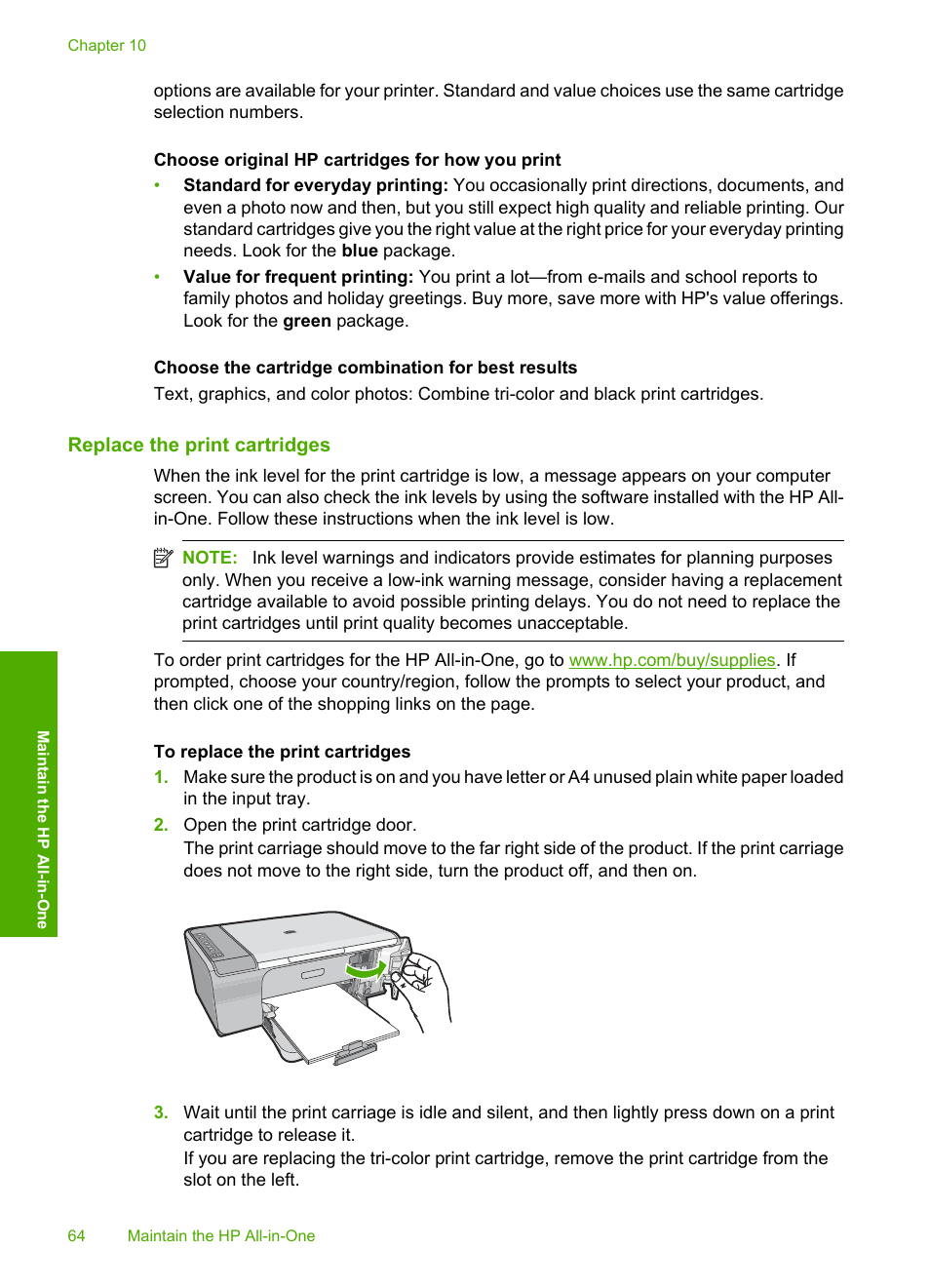 Replace the print cartridges | HP Deskjet F4210 All-in-One Printer User Manual | Page 66 / 220