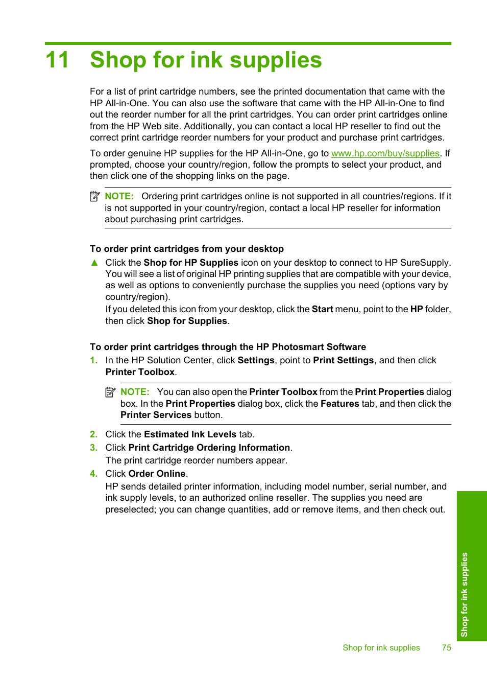 Shop for ink supplies, 11 shop for ink supplies | HP Deskjet F4210 All-in-One Printer User Manual | Page 77 / 220