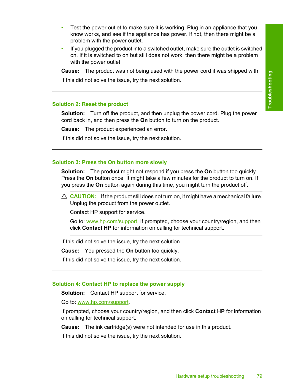 Solution 2: reset the product, Solution 3: press the on button more slowly, Solution 4: contact hp to replace the power supply | HP Deskjet F4210 All-in-One Printer User Manual | Page 81 / 220