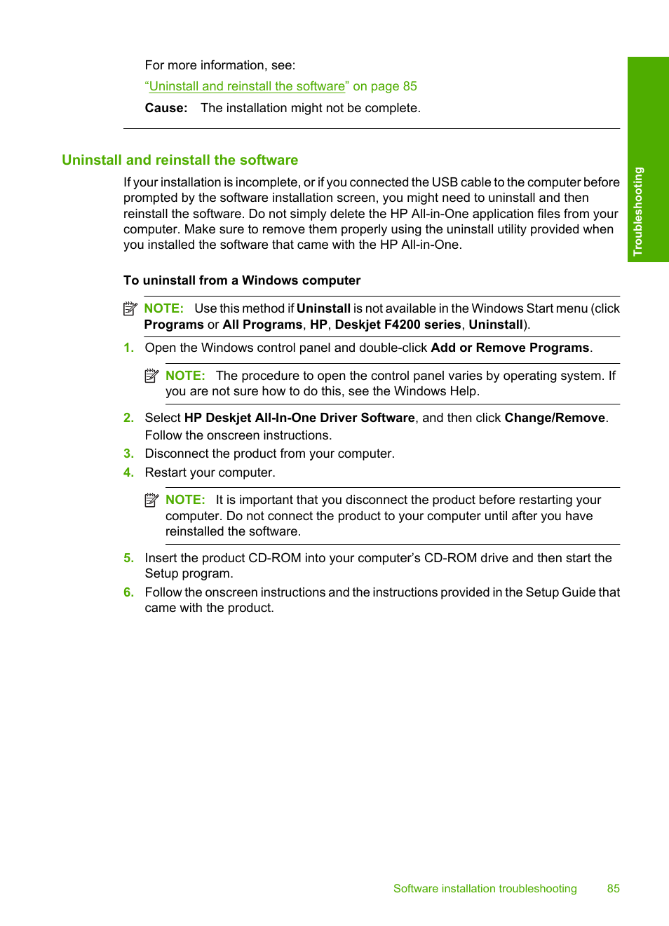 Uninstall and reinstall the software | HP Deskjet F4210 All-in-One Printer User Manual | Page 87 / 220