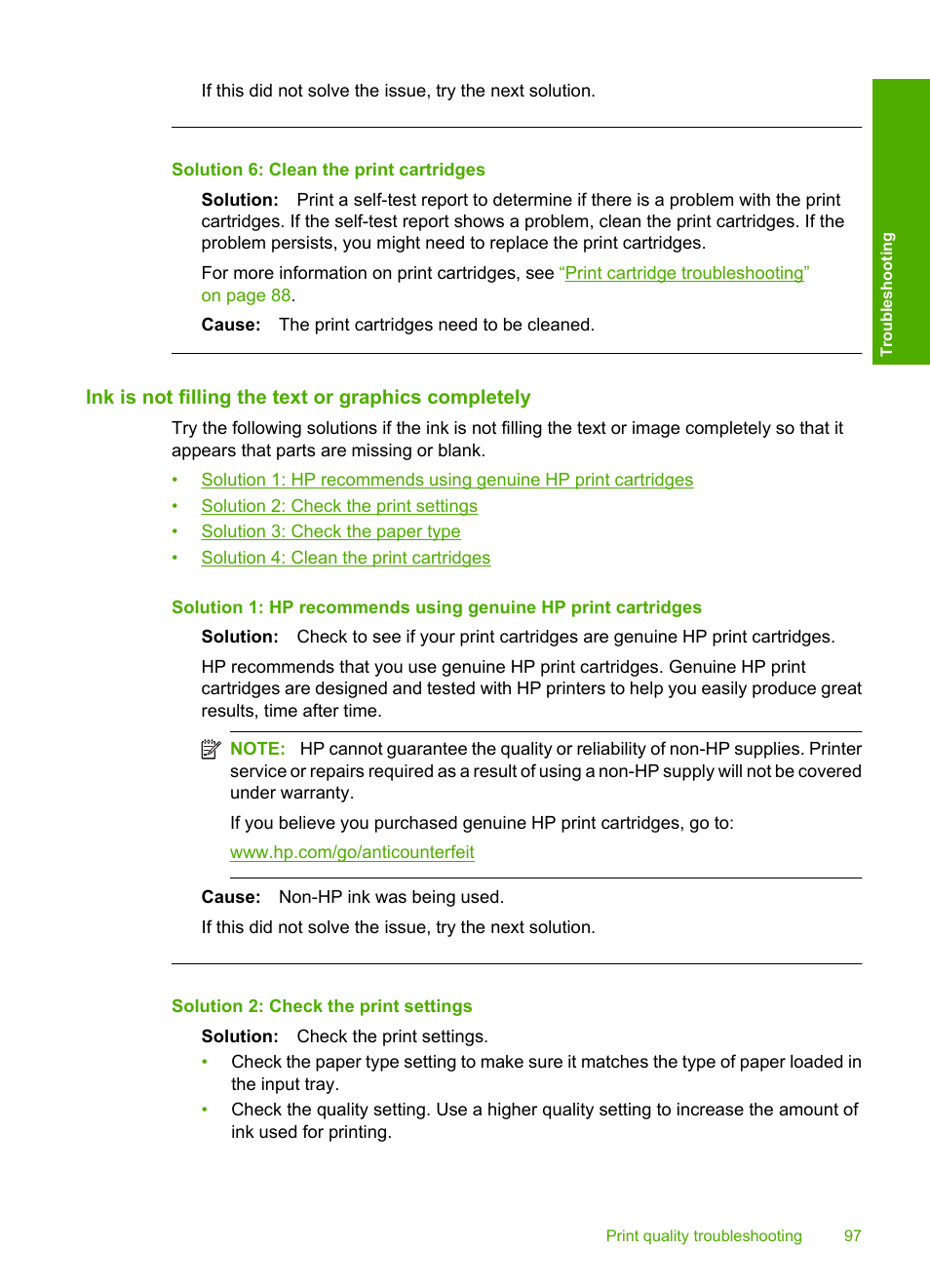 Ink is not filling the text or graphics completely, Solution 6: clean the print cartridges | HP Deskjet F4210 All-in-One Printer User Manual | Page 99 / 220
