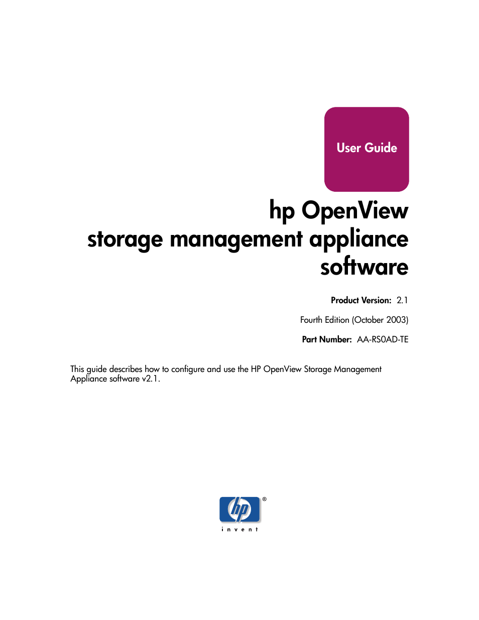 HP OpenView Storage Management Appliance and Software User Manual | 132 pages